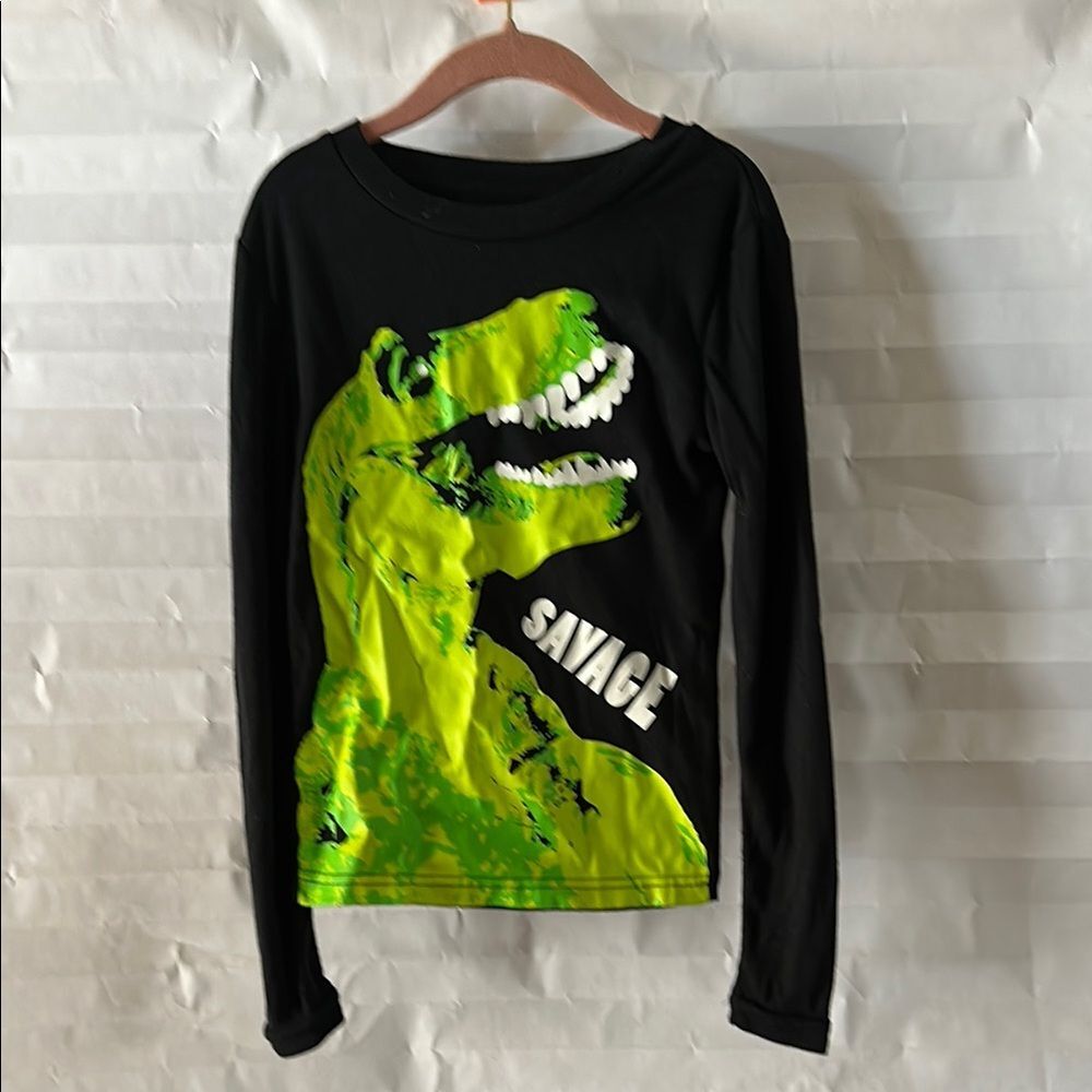 Highland Boy's Savage Dinosaur Kids Long Sleeve Shirt - Black and Green Size 8